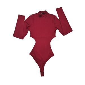 Lulus Wine- Red Ribbed Cut-Out Mock Neck Bodysuit Size XS